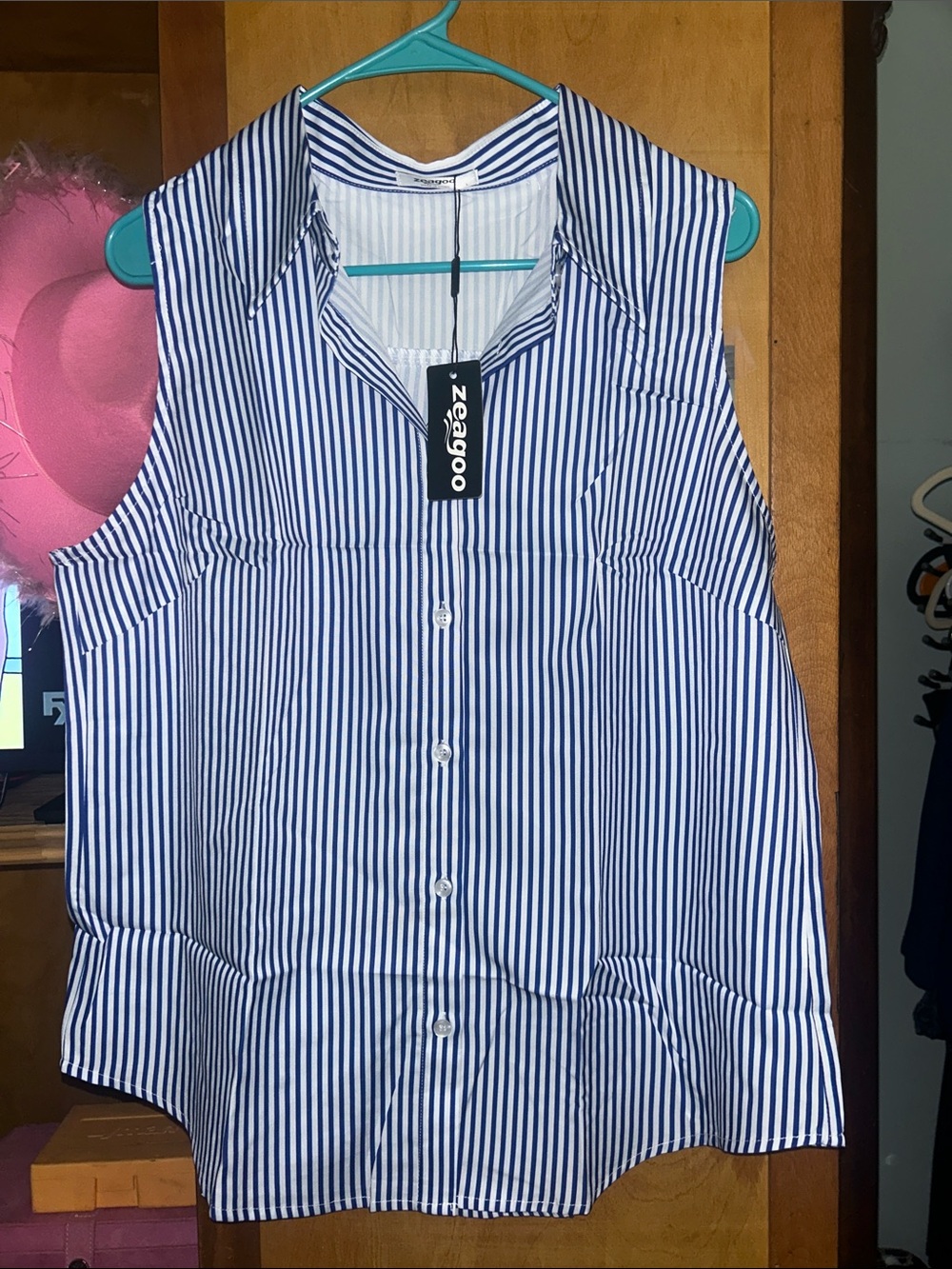 zeagoo Navy and White Striped Sleeveless Button-Down Shirt